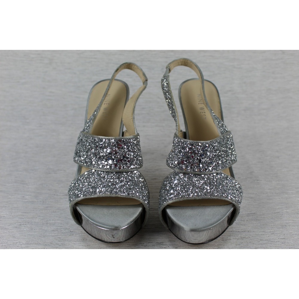 Nine West Fairgame Platform Heel Open toe Silver Sparkle Glitter Size 7